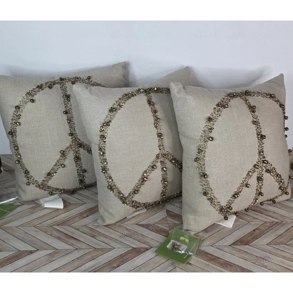 Lot 3 Pottery Barn NWT Jingle Bell Peace Throw Pillow Gray Gold Embellished READ
